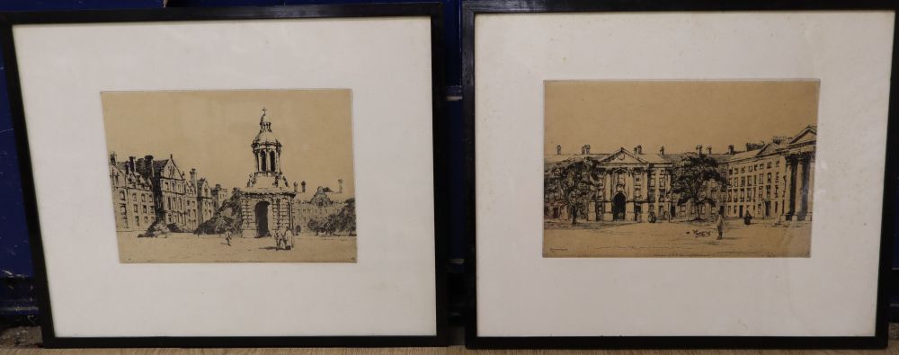 Eight assorted prints including etchings of Trinity College by Rudge